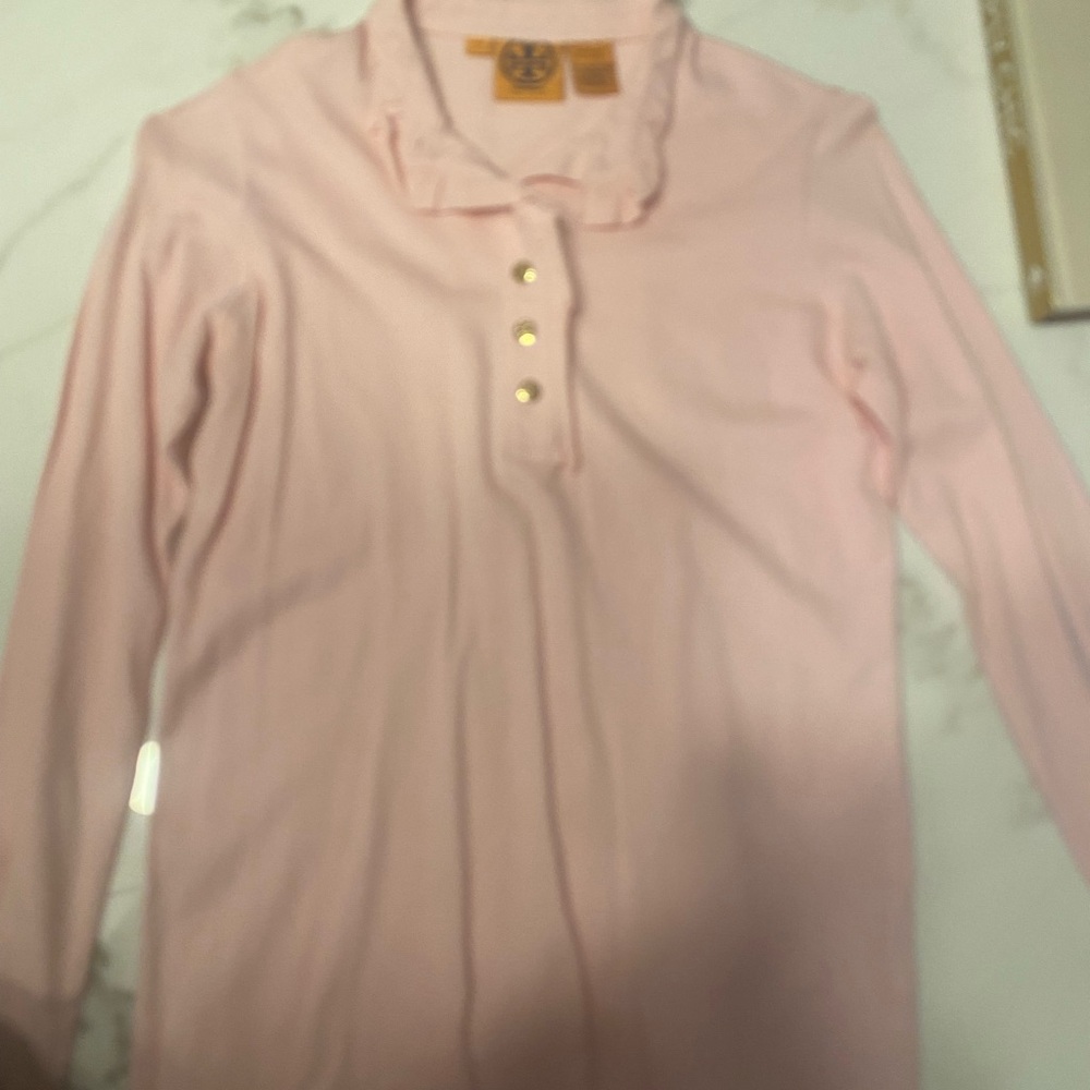 Tory Burch Pink Long Sleeve Kids Tee with Ruffle Collar